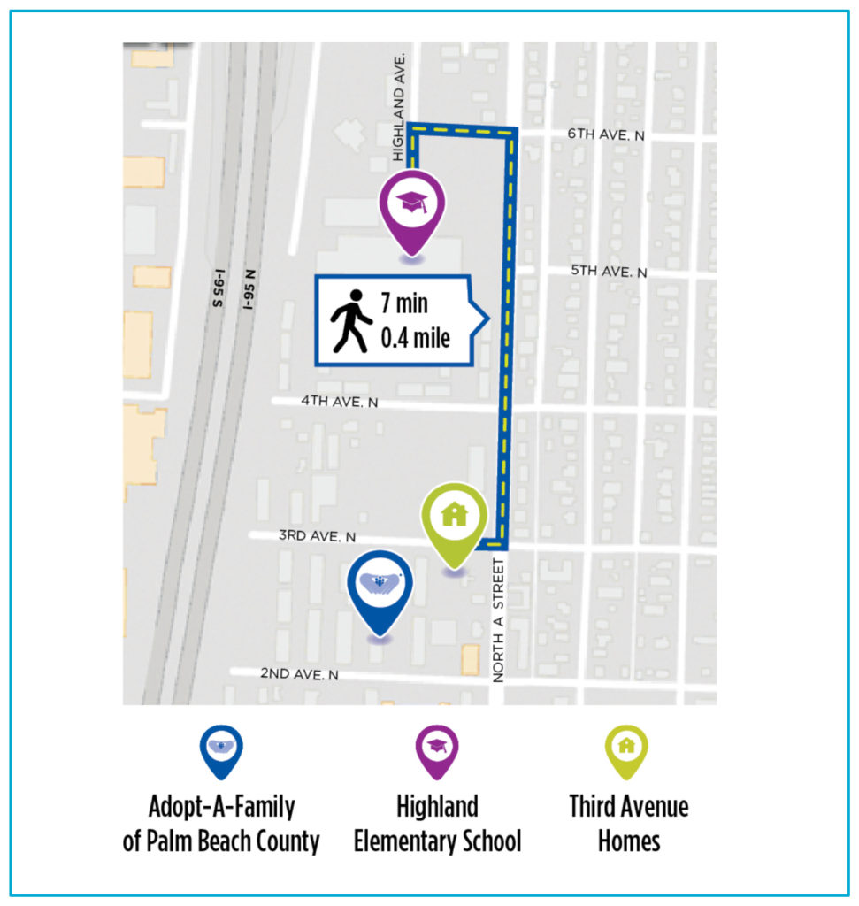 Map showing distance from Third Avenue Homes to Highland Elementary School